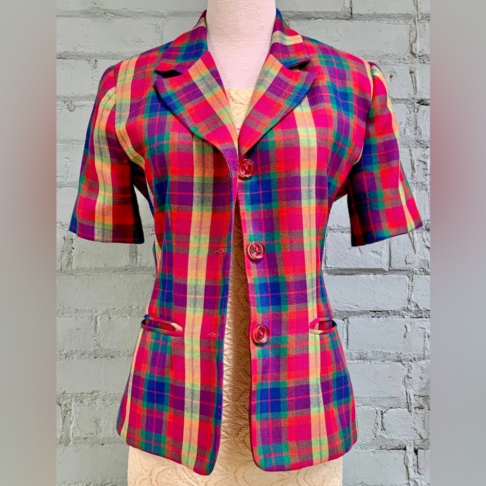 Vintage 80s Plaid Short Sleeve Blazer